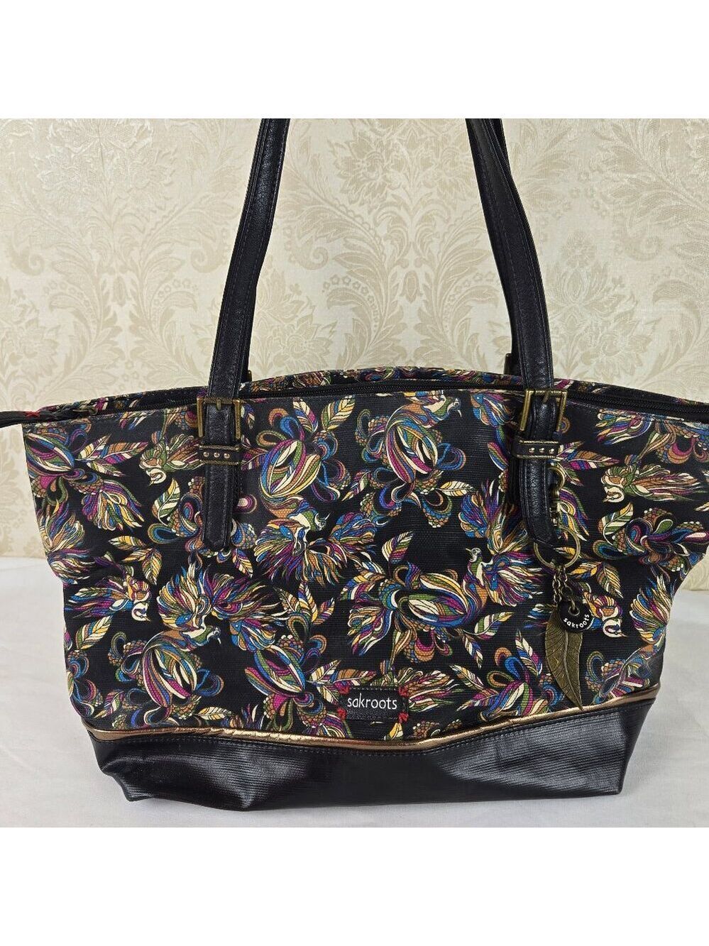 Sakroots Leaf Print Tote Bag Double Handle Jute/Cotton Colorful Leaf Pattern